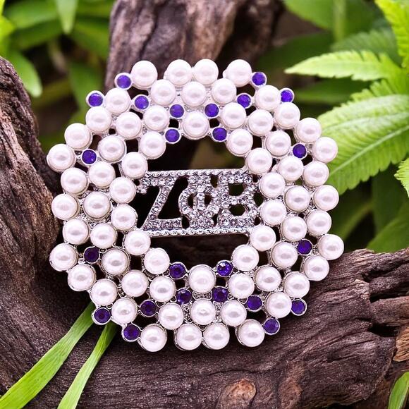 Zeta Phi Beta Brooch with Logo Blue Rhinestones and White Pearls - Picture 2 of 2